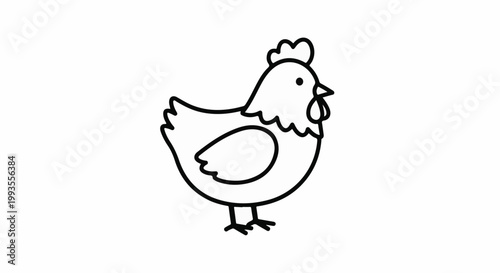 A simple black and white drawing of a chicken with a comb and wattle