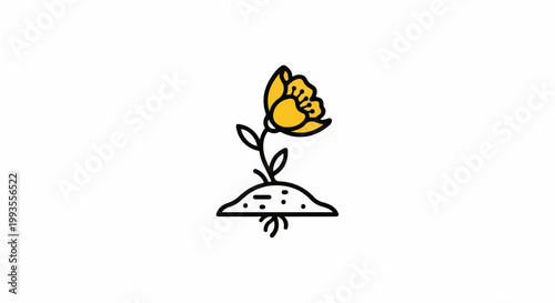 Stylized yellow flower growing from soil with visible roots