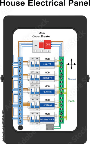  Vertical Residential Electrical Distribution Board with Circuit Breakers Vector Illustration