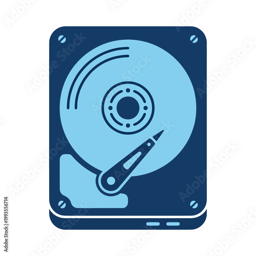 Dark Blue Hard Drive HDD Icon with Disk Platter and Read Arm for Data Storage and Computer Hardware Concept on Transparent Background