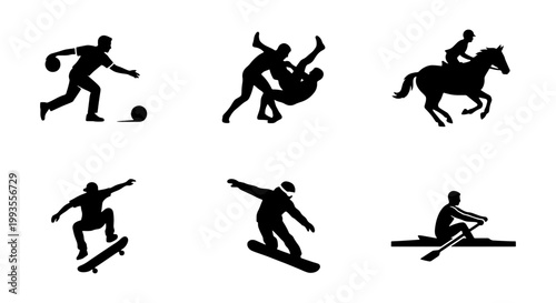 Billede på lærred Athletic sports silhouettes set, 6 black vector icons of bowling wrestling and h