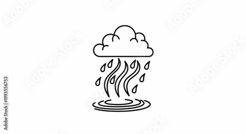 Stylized cloud and raindrops with ripples on white background