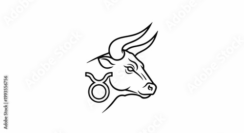 Stylized black outline of a bull's head with prominent horns and a zodiac symbol