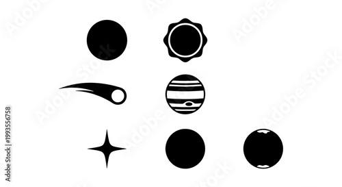 Minimalist space icon set with celestial bodies, black planet silhouettes and comet vector, 7 astronomy symbols for science education and logo design