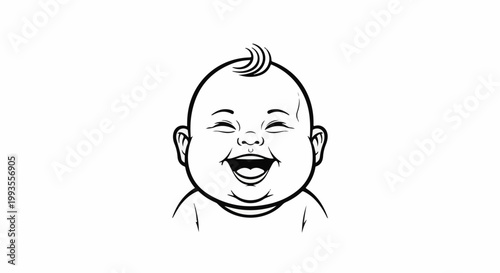 A joyful baby's face with eyes closed in laughter and a single swirl of hair