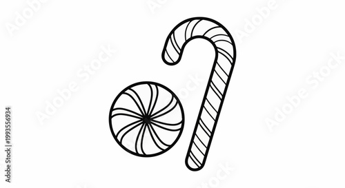 A lollipop and a candy cane with striped patterns on a white background