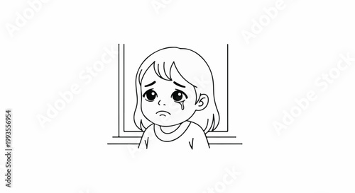 A sad, young child with tearful eyes looks out from behind a window frame