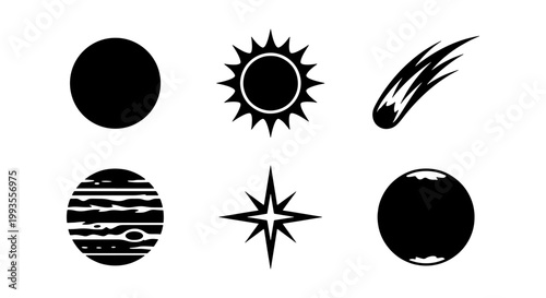Minimalist celestial space icons set, black silhouette planets and stars vector, astronomical symbols including sun comet and jupiter for science graphics