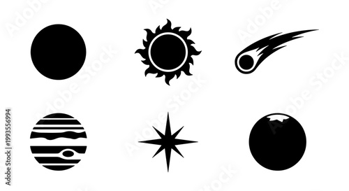 Minimalist celestial space icons set, black silhouette planet and sun symbols, 6 vector astronomy elements including comet and star for science infographics