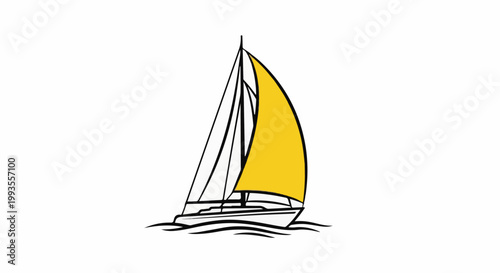 A white sailboat with a yellow sail glides on wavy blue water