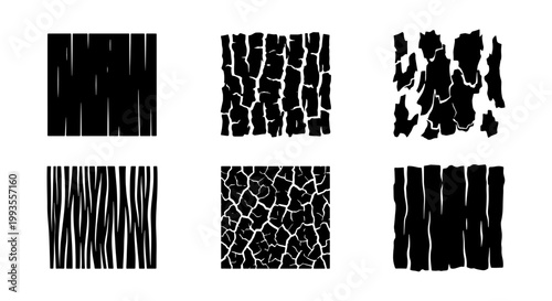 Distressed wood grain and bark texture set, 6 organic black and white vector patterns, rustic timber and cracked earth surface elements