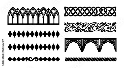 Gothic architectural borders and vintage decorative dividers, black silhouette ornamental frames, medieval celtic knot and floral vector elements
