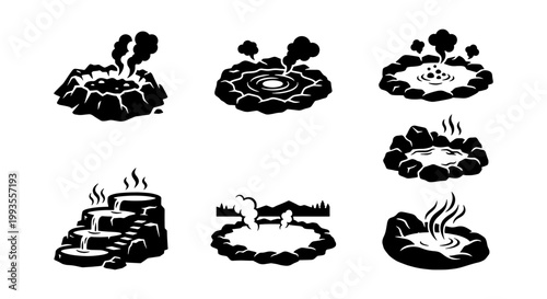 Hot spring icons set, black and white steaming geothermal pool vector illustrations, natural volcanic geyser and thermal bath collection