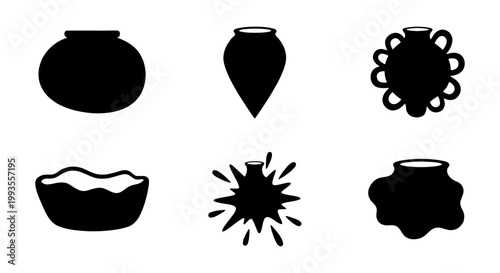 Ancient pottery silhouette icons, set of 6 black ceramic vase and bowl shapes, traditional clay vessel vector illustrations for historical museum branding