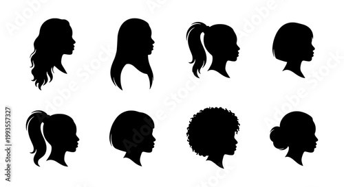 Minimalist woman profile silhouette set, female head side view icons, 8 diverse girl hairstyles vector collection for beauty and salon branding