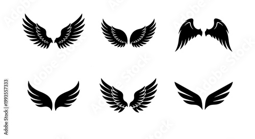 Black wing silhouettes set, 6 pairs of decorative bird and angel wings, gothic heraldic wing icons for tattoo design and logo branding