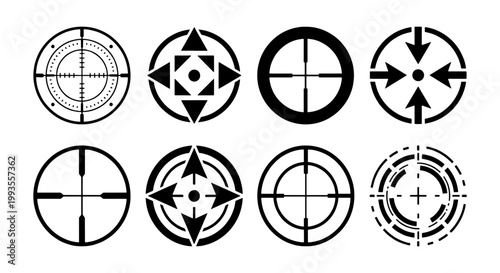 Sniper crosshair vector set, 8 black target aim icons, tactical reticle symbols for military gaming and hunting equipment interfaces