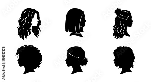 Minimalist female hair silhouette set, black profile head icons with diverse hairstyles, 6 vector woman portrait elements for beauty and salon branding
