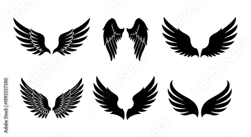 Black wing silhouettes collection, set of 6 decorative bird and angel wings, heraldic feather wing icons, gothic tattoo design elements vector