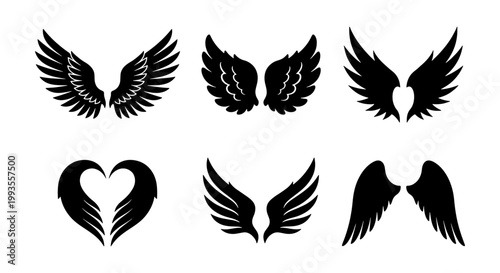 Black wings silhouette collection, set of 6 decorative bird and angel wing vector icons, heraldic feather wing shapes for logo design and tattoos
