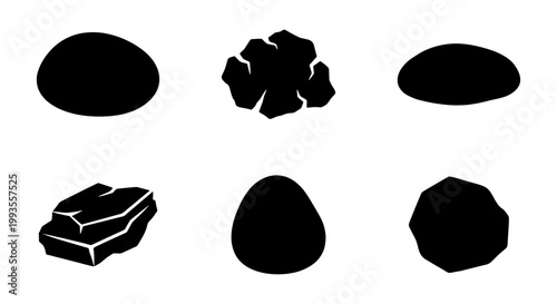 Black stone silhouettes set, 6 natural rock shape icons, minimalist pebble and boulder vector elements, organic mineral and geological stone forms
