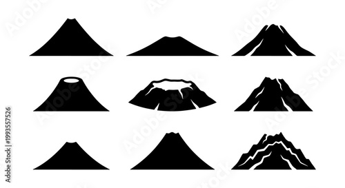Minimalist volcano silhouette icons, set of 9 mountain peak vector illustrations, black volcanic crater symbols for geology and travel infographics