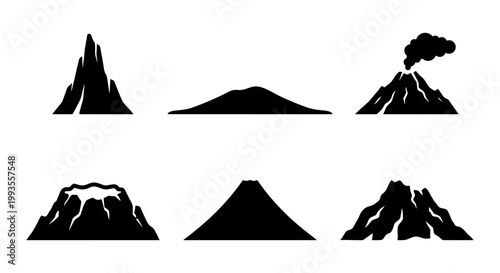 Minimalist volcano silhouette icons, set of 6 mountain peak vector illustrations, black volcanic eruption and crater symbols for map design