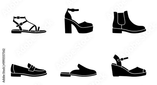 Minimalist black footwear icons set, 6 flat vector shoe silhouettes, modern fashion footwear collection including boots and sandals for retail design