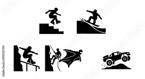 Extreme sports silhouette icons set, active people performing outdoor adventure stunts, black vector graphics of parkour snowboarding and rock climbing