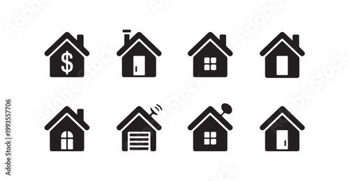 Real estate building icons collection featuring house models with dollar signs windows and doors