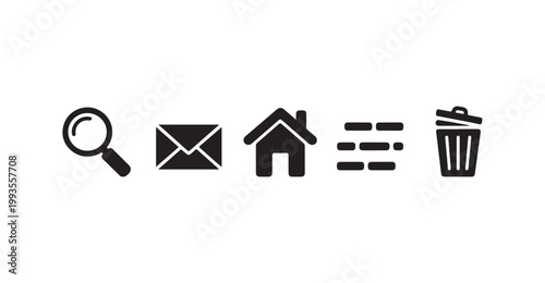Universal interface icon set with search mail home menu and trash bin symbols for website design