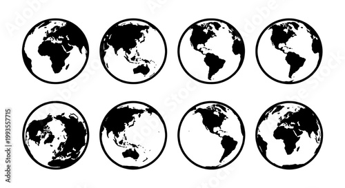 Minimalist world globe icons set, black and white earth map vector collection, 8 circular planet earth symbols showing different continents and views