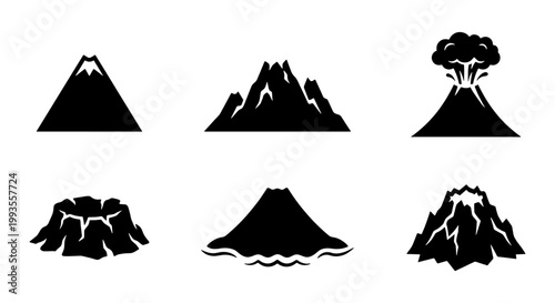 Volcano icon set with 6 black vector silhouettes, erupting mountain peaks and lava craters, minimalist geological landscape symbols for maps and infographics