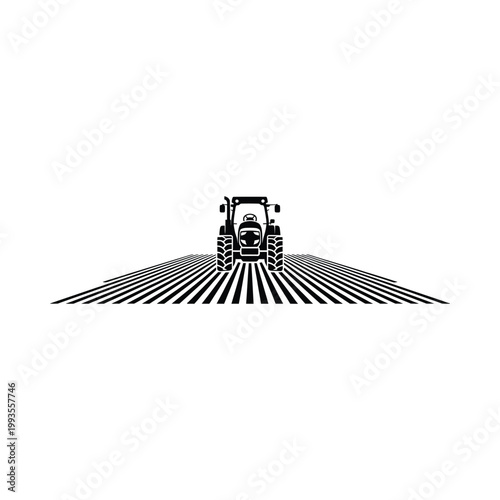 A stylized black and white illustration depicts a tractor moving across a plowed field