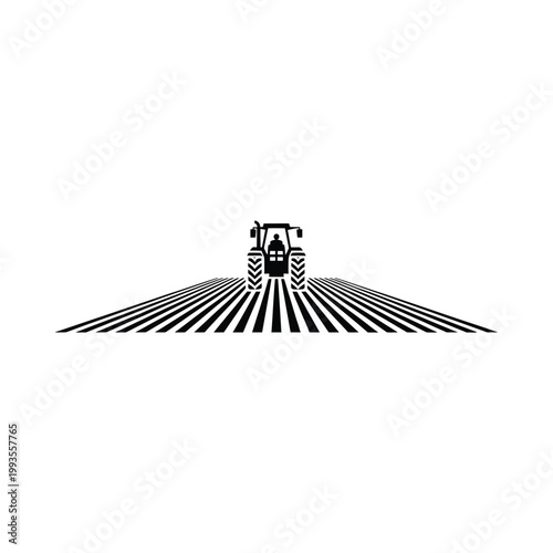 A simple black and white illustration depicts a tractor facing freshly plowed fields