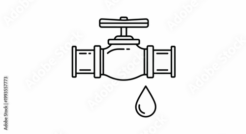 Simple line drawing of a pipe valve with a dripping water drop below