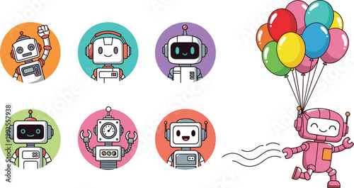 Cute Robot Avatar Icon Set with Cartoon Android Faces and Funny Character Flying with Balloons for Kids, Technology, UI, and App Design Projects