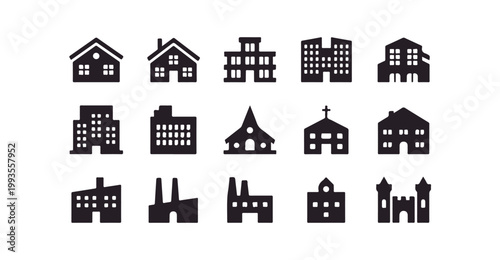 Foto Various building icons including houses offices churches and factories