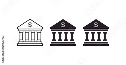 Bank building icons with dollar sign symbol for financial institutions and monetary commerce services