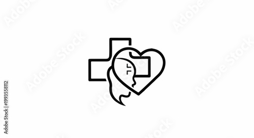 Line art of medical cross and heart with profile, symbolizing care