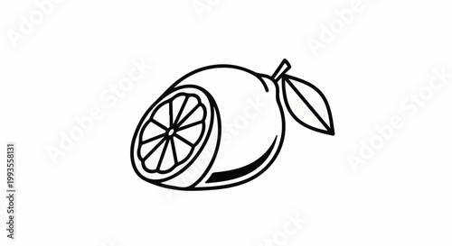 Minimalist outline of a ripe lemon, half sliced, with a stem and leaf
