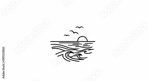 Minimalist line art depicts a sun setting over choppy ocean waves with birds flying
