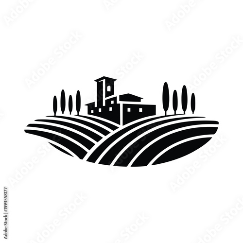 A simple black and white illustration depicts a tuscan landscape with rolling hills and a tower