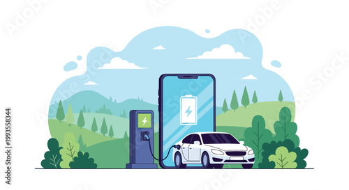 Flat style vector illustration of electric car charging with smartphone battery app, green eco transport concept with clean energy landscape