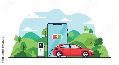 Flat style vector illustration of electric car charging with smartphone battery app, green eco transport concept with clean energy landscape