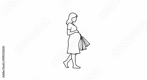 Pregnant woman walking with shopping bags, minimalist line art