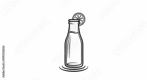 Hand-drawn bottle with a slice of citrus fruit on a white background