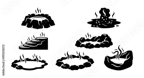 Hot spring icons set, black and white steaming thermal bath vector illustrations, volcanic geyser and natural mineral pool silhouettes