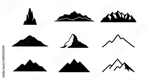 Minimalist mountain peaks silhouette set, black mountain range icons collection, 9 outdoor adventure vector elements for logo design and travel branding