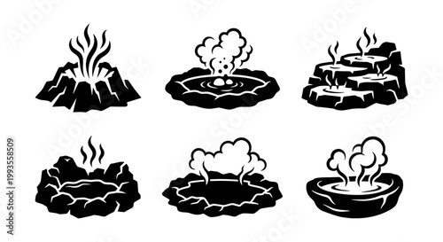 Geothermal geyser and hot spring icons, set of 6 black and white vector illustrations, volcanic thermal vents and steaming mineral pools
